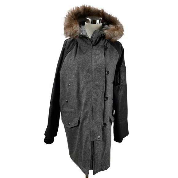 New Rag & Bone Wool Leather Faux Fur Trim Zip Up Hooded Coat Quilted Lining - Picture 3 of 15